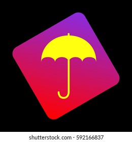 Umbrella sign icon. Rain protection symbol. Flat design style. Vector. Yellow icon at violet-red gradient square with rounded corners rotated for dynamics on black background.