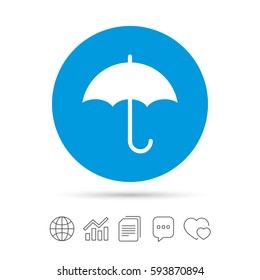 Umbrella sign icon. Rain protection symbol. Copy files, chat speech bubble and chart web icons. Vector