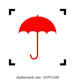 Umbrella sign icon. Rain protection symbol. Flat design style. Vector. Red icon inside black focus corners on white background. Isolated.
