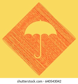 Umbrella sign icon. Rain protection symbol. Flat design style. Vector. Red scribble icon obtained as a result of subtraction rhomb and path. Royal yellow background.