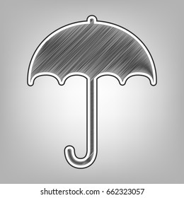 Umbrella sign icon. Rain protection symbol. Flat design style. Vector. Pencil sketch imitation. Dark gray scribble icon with dark gray outer contour at gray background.