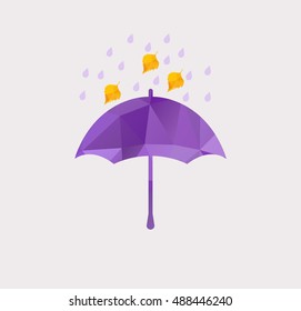Umbrella sign. Isolated umbrella polygon with drops of rain and falling leaves. Weather background.