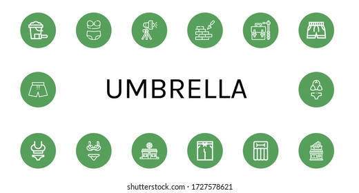 umbrella simple icons set. Contains such icons as Sand bucket, Bikini, Studio lighting, Brickwall, Camera bag, Swimsuit, Pizza shop, Airbed, can be used for web, mobile and logo