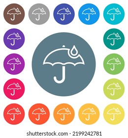 Umbrella with single raindrop outline flat white icons on round color backgrounds. 17 background color variations are included.