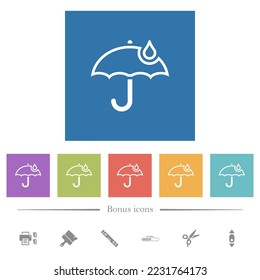 Umbrella with single raindrop outline flat white icons in square backgrounds. 6 bonus icons included.
