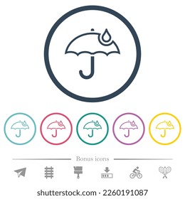 Umbrella with single raindrop outline flat color icons in round outlines. 6 bonus icons included.