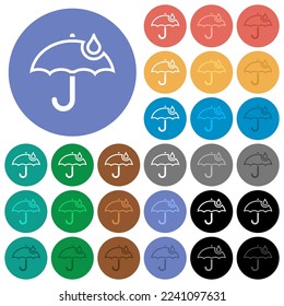 Umbrella with single raindrop outline multi colored flat icons on round backgrounds. Included white, light and dark icon variations for hover and active status effects, and bonus shades.