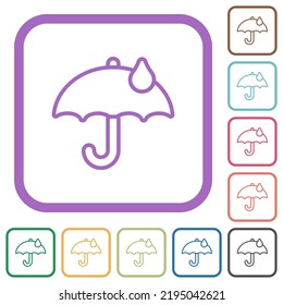 Paraguas con un contorno de roca de lluvia simple iconos simples en marcos cuadrados redondeados de color sobre fondo blanco