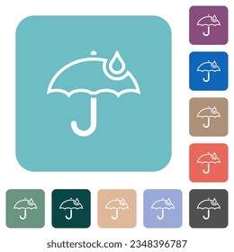 Umbrella with single raindrop outline white flat icons on color rounded square backgrounds