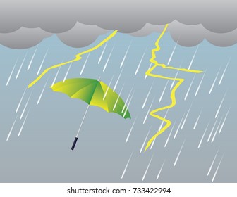 Umbrella in the sky with rain and lightning.