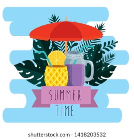 umbrella with smoothie beverage and leaves plants