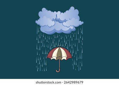 Umbrella with soft rain drops in flat pastel style, cartoon vector weather scene for background art, baby themes, and rainy day decoration

