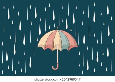 Guarda-chuva em chuva macia, ilustração de desenho de vetor pastel para gráficos de tempo, design de arte infantil, conteúdo educacional e plano de fundo chuvoso sem costura

