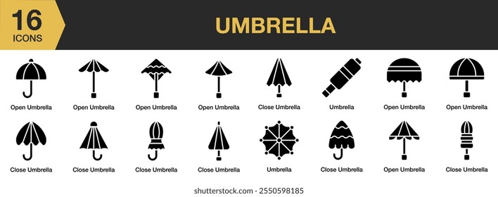 Umbrella solid icon set. Includes open umbrella, close, and More. Solid icons vector collection.