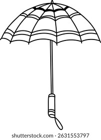 An umbrella with a spider web pattern drawn in a clean line style. The handle is simple and features a loop for hanging. Cartoon vector illustration.