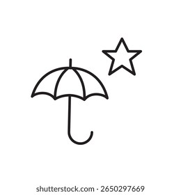 Guarda-chuva e estrela. Proteção preferida, cobertura de seguro. Pixel perfeito, ícone de vetor de traçado editável