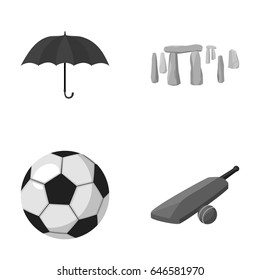 Umbrella, stone, ball, cricket .England country set collection icons in monochrome style vector symbol stock illustration web.