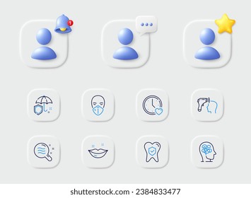Umbrella, Stress and Electronic thermometer line icons. Placeholder with 3d star, reminder bell, chat. Pack of Skin condition, Dating, Medical mask icon. Lips, Dental insurance pictogram. Vector