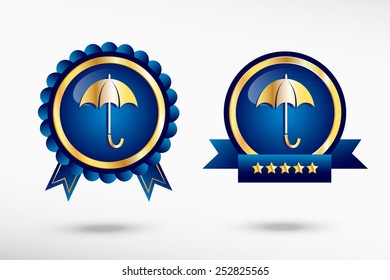 Umbrella stylish quality guarantee badges. Blue colorful promotional labels