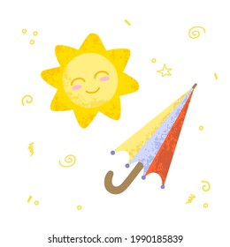 Umbrella and sun illustration with a texture isolated on white. Cute colorful rainbow and umbrella icons