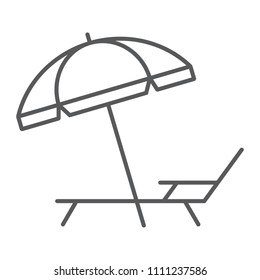 Umbrella and sun lounge thin line icon, travel and tourism, deck with sun umbrella sign vector graphics, a linear pattern on a white background, eps 10.