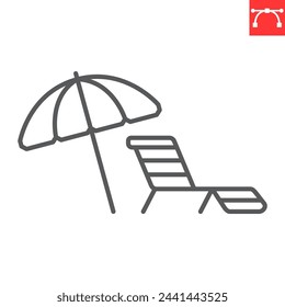 Umbrella and sun lounger line icon, summer and vacation, parasol and sunbed vector icon, vector graphics, editable stroke outline sign, eps 10.