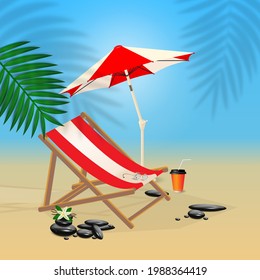 Umbrella, sun lounger on the beach, exotic leaves, glasses, stones on the beach. Tropical floral vector illustration in beach colors.
