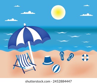 Umbrella and sun lounger on the beach Seaside vacation Summer holiday Lounger on sea beach Landscape beautiful seascape Vector