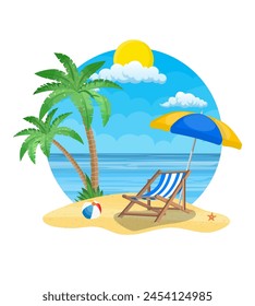 Umbrella and sun lounger on the beach and a palm tree. Beach chair, ball and starfish with sea on tropical background. Vector illustration in flat style