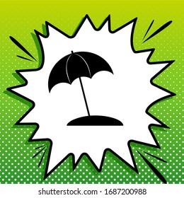 Umbrella and sun lounger sign. Black Icon on white popart Splash at green background with white spots. Illustration.