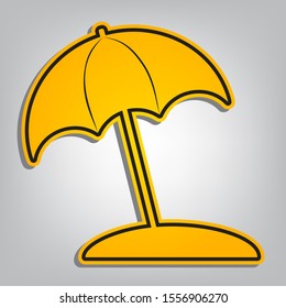 Umbrella and sun lounger sign. Flat orange icon with overlapping linear black icon with gray shadow at whitish background. Illustration.