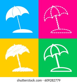 Umbrella and sun lounger sign. Four styles of icon on four color squares.