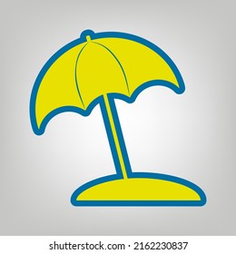 Umbrella and sun lounger sign. Icon in colors of Ukraine flag (yellow, blue) at gray Background. Illustration.