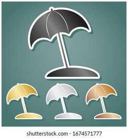 Umbrella and sun lounger sign. Set of metallic Icons with gray, gold, silver and bronze gradient with white contour and shadow at viridan background. Illustration.