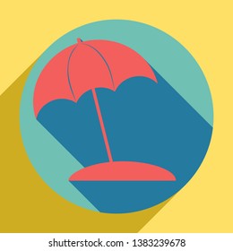 Umbrella and sun lounger sign. Sunset orange icon with llapis lazuli shadow inside medium aquamarine circle with different goldenrod shadow at royal yellow background.