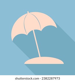 Umbrella and sun lounger sign. Unbleached silk Icon with very long shadow at dark sky blue background. Illustration.