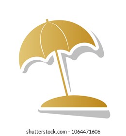 Umbrella and sun lounger sign. Vector. Golden gradient icon with white contour and rotated gray shadow at white background.