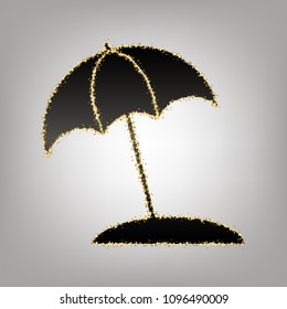 Umbrella and sun lounger sign. Vector. Blackish icon with golden stars at grayish background.