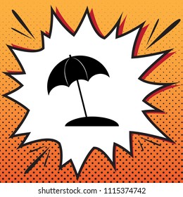 Umbrella and sun lounger sign. Vector. Comics style icon on pop-art background.