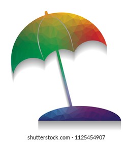 Umbrella and sun lounger sign. Vector. Colorful icon with bright texture of mosaic with soft shadow on white background. Isolated.
