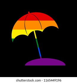 Umbrella and sun lounger sign. Vector. Icon with colors of LGBT flag at black background.