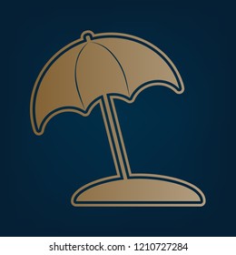 Umbrella and sun lounger sign. Vector. Golden icon and border at dark cyan background.