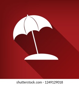 Umbrella and sun lounger sign. Vector. White icon with limitless shadow at ruby red background.