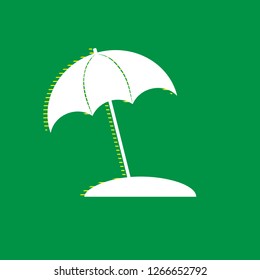 Umbrella and sun lounger sign. Vector. White flat icon with yellow striped shadow at green background.