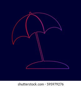 Umbrella and sun lounger sign. Vector. Line icon with gradient from red to violet colors on dark blue background.