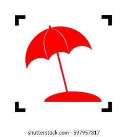 Umbrella and sun lounger sign. Vector. Red icon inside black focus corners on white background. Isolated.