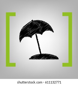 Umbrella and sun lounger sign. Vector. Black scribble icon in citron brackets on grayish background.