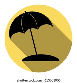 Umbrella and sun lounger sign. Vector. Flat black icon with flat shadow on royal yellow circle with white background. Isolated.
