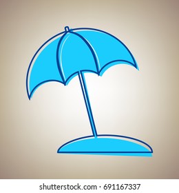 Umbrella and sun lounger sign. Vector. Sky blue icon with defected blue contour on beige background.