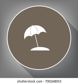 Umbrella and sun lounger sign. Vector. White icon on brown circle with white contour and long shadow at gray background. Like top view on postament.